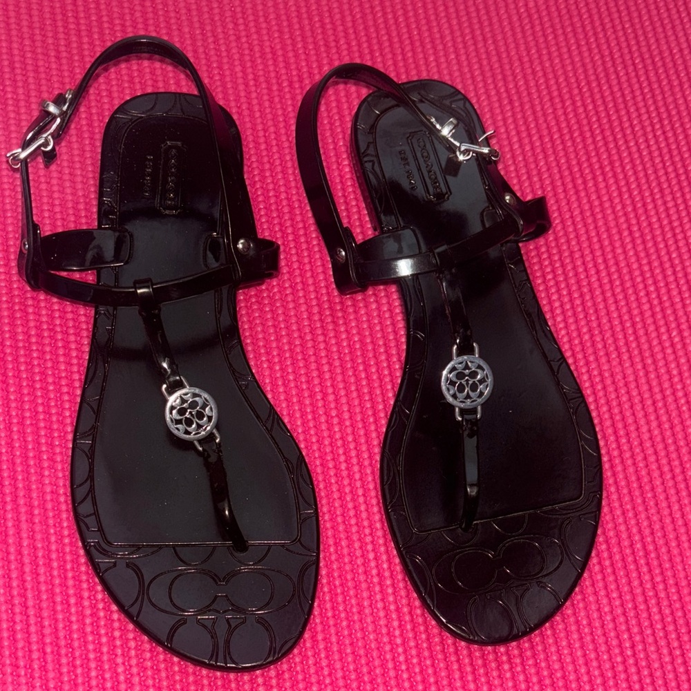 Coach Black Thong Sandals with Silver Detail